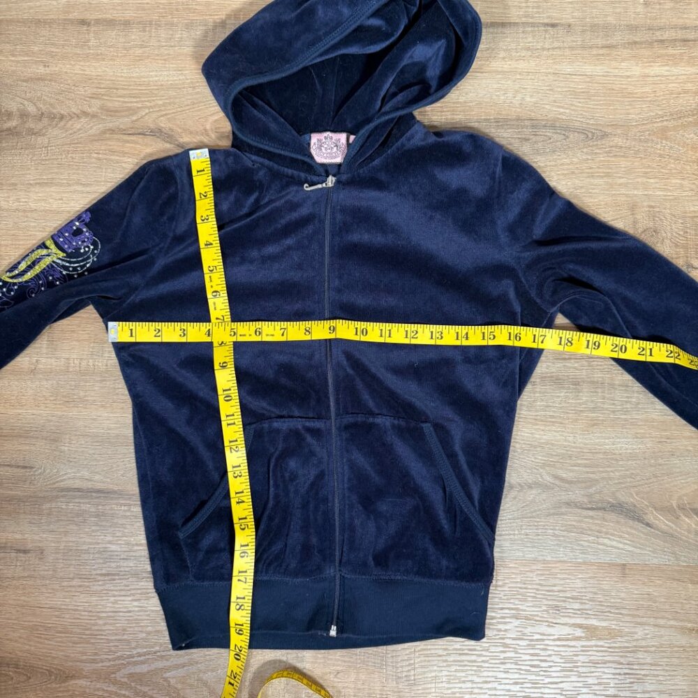 Juicy Couture Navy Blue Velour Hooded Zip Up Graphic Back Y2K XSP - Picture 5 of 9